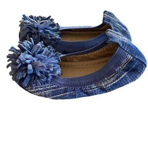 Yosi Samra Sammie Denim Ballet Flat with Suede Pom Pom 7C